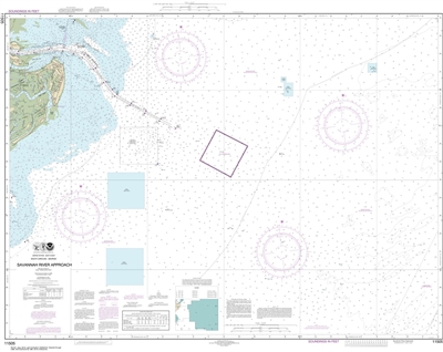 NOAA Chart 11505. Nautical Chart of Savannah River Approach - East Coast. NOAA charts portray water depths, coastlines, dangers, aids to navigation, landmarks, bottom characteristics and other features, as well as regulatory, tide, and other information