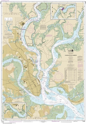 NOAA Chart 11524. Nautical Chart of Charleston Harbor - East Coast USA. NOAA charts portray water depths, coastlines, dangers, aids to navigation, landmarks, bottom characteristics and other features, as well as regulatory, tide, and other information. Th