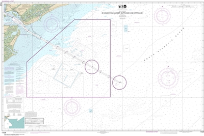 NOAA Chart 11528. Nautical Chart of Charleston Harbor Entrance and Approach - East Coast USA. NOAA charts portray water depths, coastlines, dangers, aids to navigation, landmarks, bottom characteristics and other features, as well as regulatory, tide, and