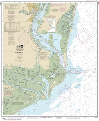 NOAA Chart 11532. Nautical Chart of Winyah Bay - East Coast USA. NOAA charts portray water depths, coastlines, dangers, aids to navigation, landmarks, bottom characteristics and other features, as well as regulatory, tide, and other information. They cont