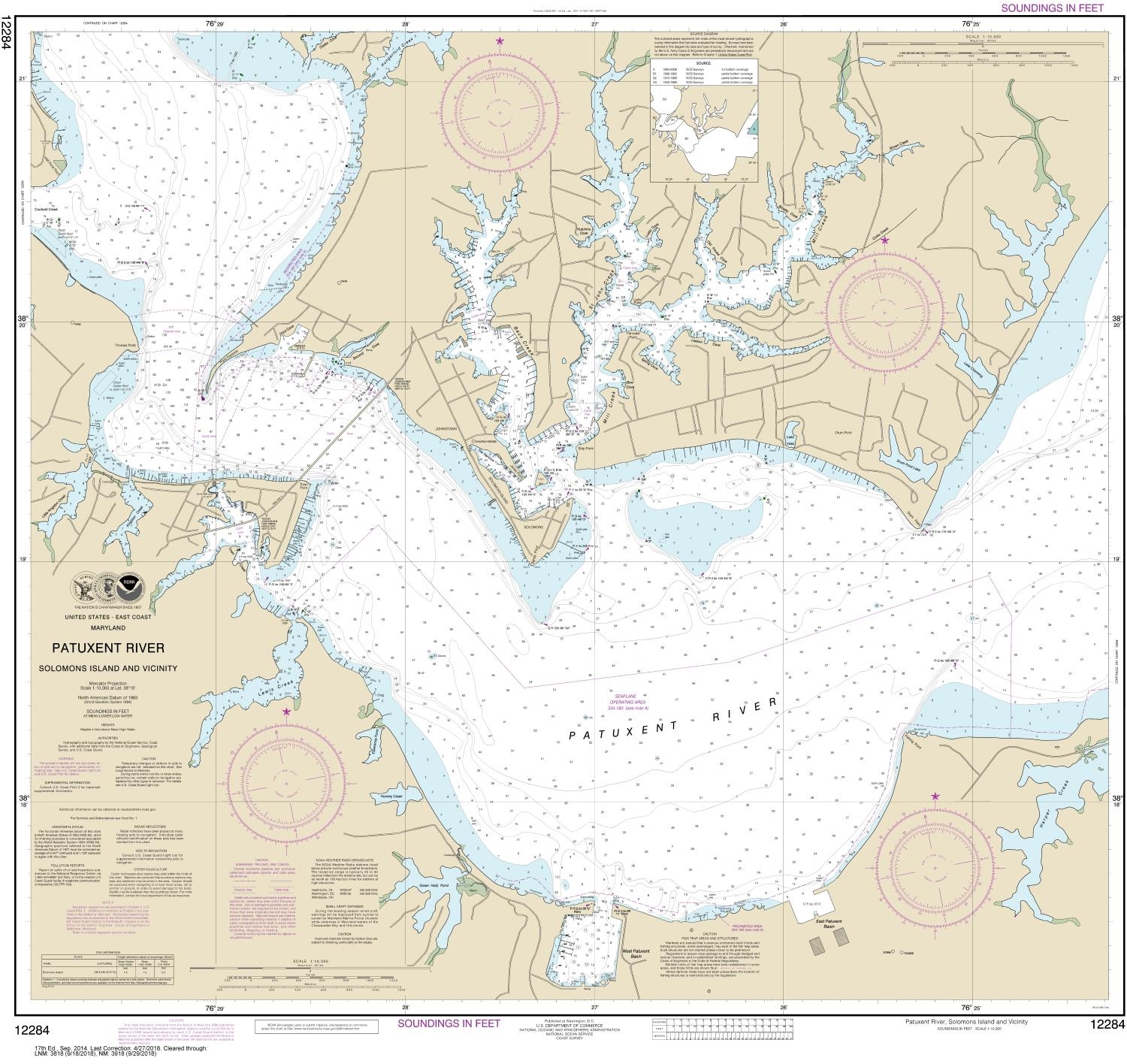 NOAA Chart 12284. Nautical Chart of Patuxent River Solomons lsland and