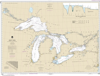 NOAA Chart 14500. Nautical Chart of Great Lakes, Lake Champlain to Lake of the Woods. NOAA charts portray water depths, coastlines, dangers, aids to navigation, landmarks, bottom characteristics and other features, as well as regulatory, tide, and other i
