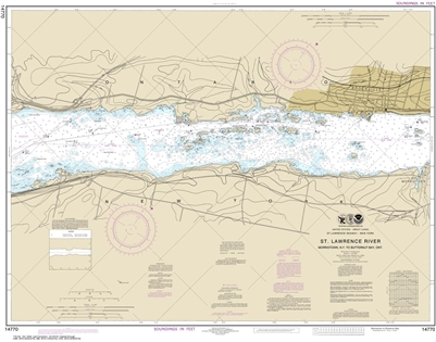 NOAA Chart 14770. Nautical Chart of Morristown NY to Butternut, ONT. NOAA charts portray water depths, coastlines, dangers, aids to navigation, landmarks, bottom characteristics and other features, as well as regulatory, tide, and other information. They