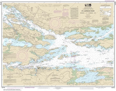 NOAA Chart 14772. Nautical Chart of Ironsides lsland, NY to Bingham lsland, ONT . NOAA charts portray water depths, coastlines, dangers, aids to navigation, landmarks, bottom characteristics and other features, as well as regulatory, tide, and other infor