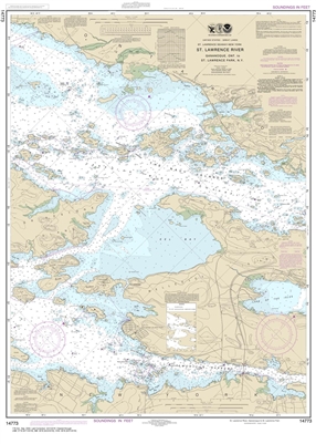 NOAA Chart 14773. Nautical Chart of Gananoque, ONT to St. Lawrence Park. NY. NOAA charts portray water depths, coastlines, dangers, aids to navigation, landmarks, bottom characteristics and other features, as well as regulatory, tide, and other informatio