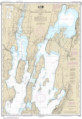 NOAA Chart 14781. Nautical Chart of Riviere Richelieu to South Hero Island. NOAA charts portray water depths, coastlines, dangers, aids to navigation, landmarks, bottom characteristics and other features, as well as regulatory, tide, and other information