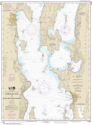 NOAA Chart 14782. Nautical Chart of Cumberland Head to Four Brothers Islands. NOAA charts portray water depths, coastlines, dangers, aids to navigation, landmarks, bottom characteristics and other features, as well as regulatory, tide, and other informati