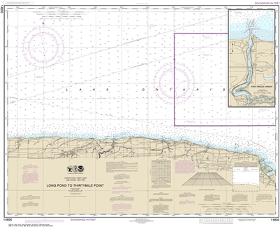 NOAA Chart 14805. Nautical Chart of Long Pond to Thirtymile Point - Point Breeze Harbor. NOAA charts portray water depths, coastlines, dangers, aids to navigation, landmarks, bottom characteristics and other features, as well as regulatory, tide, and othe