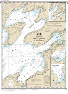 NOAA Chart 14811. Nautical Chart of Chaumont, Henderson and Black River Bays - Sackets Harbor - Henderson on Lake Ontario. NOAA charts portray water depths, coastlines, dangers, aids to navigation, landmarks, bottom characteristics and other features, as