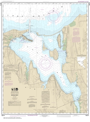 NOAA Chart 14814. Nautical Chart of Sodus Bay on Lake Ontario. NOAA charts portray water depths, coastlines, dangers, aids to navigation, landmarks, bottom characteristics and other features, as well as regulatory, tide, and other information. They contai