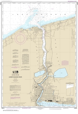 NOAA Chart 14816. Nautical Chart of Lower Niagara River. NOAA charts portray water depths, coastlines, dangers, aids to navigation, landmarks, bottom characteristics and other features, as well as regulatory, tide, and other information. They contain all