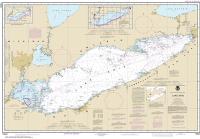 NOAA Chart 14820. Nautical Chart of Lake Erie. NOAA charts portray water depths, coastlines, dangers, aids to navigation, landmarks, bottom characteristics and other features, as well as regulatory, tide, and other information. They contain all critical
