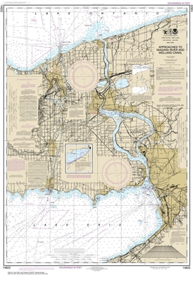 NOAA Chart 14822. Nautical Chart of Approaches to Niagara River and Welland Canal. NOAA charts portray water depths, coastlines, dangers, aids to navigation, landmarks, bottom characteristics and other features, as well as regulatory, tide, and other info