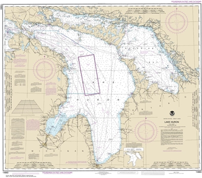 NOAA Chart 14860. Nautical Chart of Lake Huron - Great Lakes. NOAA charts portray water depths, coastlines, dangers, aids to navigation, landmarks, bottom characteristics and other features, as well as regulatory, tide, and other information. They contain