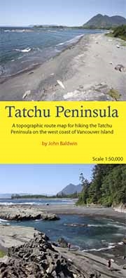 Tatchu Peninsula - Vancouver Island hiking map. Tatchu Peninsula describes a coastal hiking route along the rugged Tatchu Peninsula on the west coast of Vancouver Island, BC. The route is marked on a 1:50,000 scale topographic map and includes information