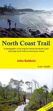 North Coast Trail - Cape Scott Vancouver Island BC hiking map. North Coast Trail describes coastal hiking routes in Cape Scott Provincial Park at the northwest tip of Vancouver Island, BC. The route is marked on a 1:50,000 scale topographic map and includ