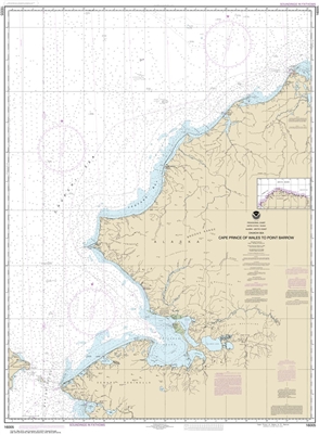 NOAA Chart 16005. Nautical Chart of Cape Prince of Wales to Pt. Barrow. NOAA charts portray water depths, coastlines, dangers, aids to navigation, landmarks, bottom characteristics and other features, as well as regulatory, tide, and other information. Th