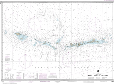 NOAA Chart 16012. Nautical Chart of Aleutian Islands Amukta Island to Attu Island. NOAA charts portray water depths, coastlines, dangers, aids to navigation, landmarks, bottom characteristics and other features, as well as regulatory, tide, and other info