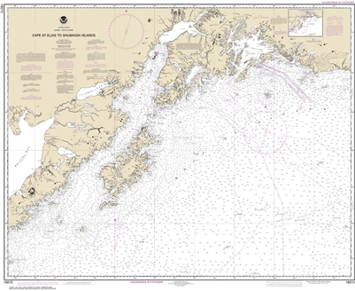 NOAA Chart 16013. Nautical Chart of Cape St. Elias to Shumagin Islands - Semidi Islands. NOAA charts portray water depths, coastlines, dangers, aids to navigation, landmarks, bottom characteristics and other features, as well as regulatory, tide, and othe