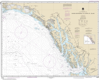 NOAA Chart 16016. Nautical Chart of Dixon Entrance to Cape St. Elias. NOAA charts portray water depths, coastlines, dangers, aids to navigation, landmarks, bottom characteristics and other features, as well as regulatory, tide, and other information. They