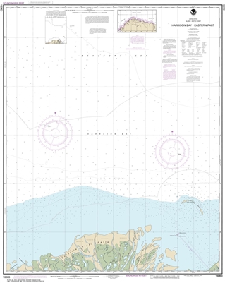 NOAA Chart 16063. Nautical Chart of Harrison Bay - eastern part. NOAA charts portray water depths, coastlines, dangers, aids to navigation, landmarks, bottom characteristics and other features, as well as regulatory, tide, and other information. They cont