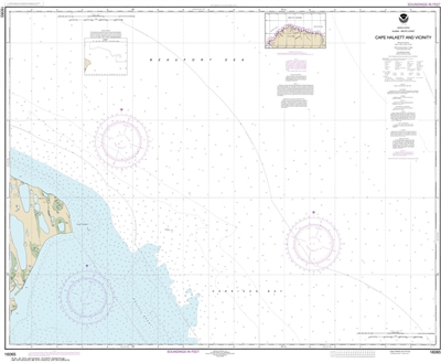 NOAA Chart 16065. Nautical Chart of Cape Halkett and vicinity. NOAA charts portray water depths, coastlines, dangers, aids to navigation, landmarks, bottom characteristics and other features, as well as regulatory, tide, and other information. They contai