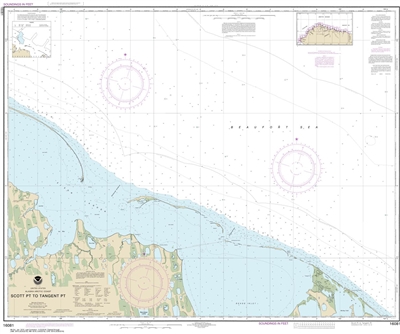 NOAA Chart 16081. Nautical Chart of Scott Point to Tangent Point. NOAA charts portray water depths, coastlines, dangers, aids to navigation, landmarks, bottom characteristics and other features, as well as regulatory, tide, and other information. They con