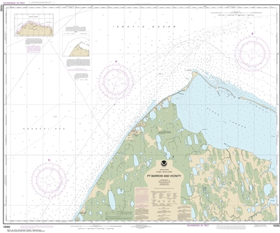 NOAA Chart 16082. Nautical Chart of Point Barrow and vicinity. NOAA charts portray water depths, coastlines, dangers, aids to navigation, landmarks, bottom characteristics and other features, as well as regulatory, tide, and other information. They contai