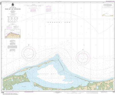 NOAA Chart 16084. Nautical Chart of Peard Bay and approaches. NOAA charts portray water depths, coastlines, dangers, aids to navigation, landmarks, bottom characteristics and other features, as well as regulatory, tide, and other information. They contain