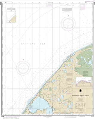 NOAA Chart 16085. Nautical Chart of Wainwright Inlet to Atanik. NOAA charts portray water depths, coastlines, dangers, aids to navigation, landmarks, bottom characteristics and other features, as well as regulatory, tide, and other information. They conta