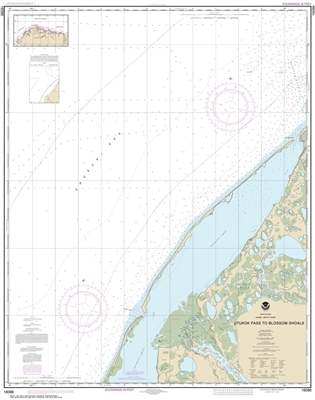NOAA Chart 16088. Nautical Chart ofUtukok Pass to Blossom Shoals. NOAA charts portray water depths, coastlines, dangers, aids to navigation, landmarks, bottom characteristics and other features, as well as regulatory, tide, and other information. They con