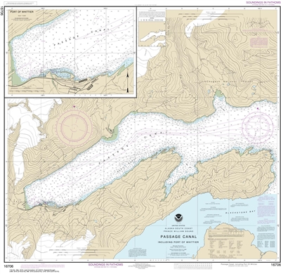 NOAA Chart 16706. Nautical Chart of Passage Canal incl. Port of Whittier - Port of Whittier. NOAA charts portray water depths, coastlines, dangers, aids to navigation, landmarks, bottom characteristics and other features, as well as regulatory, tide, and