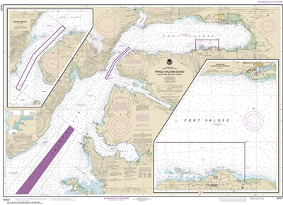 NOAA Chart 16707. Nautical Chart of Prince William Sound - Valdez Arm and Port Valdez - Valdez Narrows - Valdez and Valdez Marine Terminal. NOAA charts portray water depths, coastlines, dangers, aids to navigation, landmarks, bottom characteristics and ot