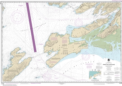 NOAA Chart 16709. Nautical Chart of Prince William Sound - eastern entrance - Alaska Nautical Chart. NOAA charts portray water depths, coastlines, dangers, aids to navigation, landmarks, bottom characteristics and other features, as well as regulatory, ti