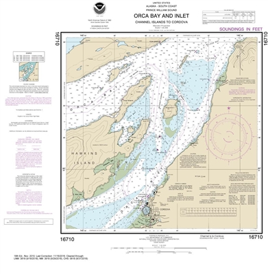 NOAA Chart 16710. Nautical Chart of Orca B. and ln. - Channel lsland to Cordova. NOAA charts portray water depths, coastlines, dangers, aids to navigation, landmarks, bottom characteristics and other features, as well as regulatory, tide, and other inform