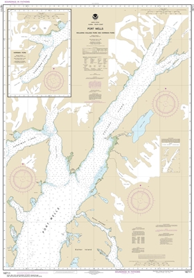NOAA Chart 16711. Nautical Chart of Port Wells, including College Fiord and Harriman Fiord. NOAA charts portray water depths, coastlines, dangers, aids to navigation, landmarks, bottom characteristics and other features, as well as regulatory, tide, and o