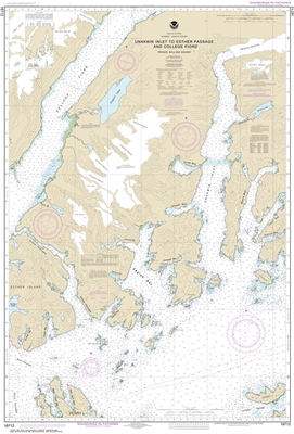 NOAA Chart 16712. Nautical Chart of Unakwik Inlet to Esther Passage and College Fiord. NOAA charts portray water depths, coastlines, dangers, aids to navigation, landmarks, bottom characteristics and other features, as well as regulatory, tide, and other