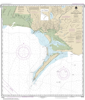 NOAA Chart 16723. Nautical Chart of Controller Bay. NOAA charts portray water depths, coastlines, dangers, aids to navigation, landmarks, bottom characteristics and other features, as well as regulatory, tide, and other information. They contain all criti