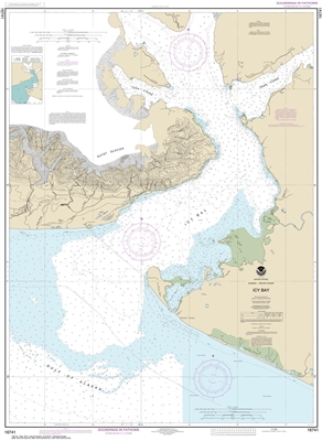 NOAA Chart 16741. Nautical Chart of Icy Bay. NOAA charts portray water depths, coastlines, dangers, aids to navigation, landmarks, bottom characteristics and other features, as well as regulatory, tide, and other information. They contain all critical cor