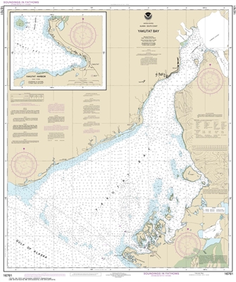 NOAA Chart 16761. Nautical Chart of Yakutat Bay - Yakutat Harbor. NOAA charts portray water depths, coastlines, dangers, aids to navigation, landmarks, bottom characteristics and other features, as well as regulatory, tide, and other information. They con