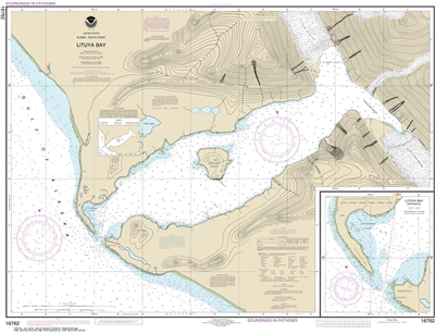 NOAA Chart 16762. Nautical Chart of Lituya Bay - Lituya Bay Entrance. NOAA charts portray water depths, coastlines, dangers, aids to navigation, landmarks, bottom characteristics and other features, as well as regulatory, tide, and other information. They