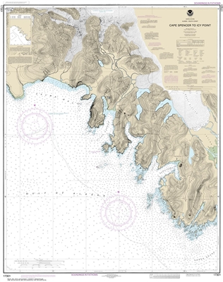 NOAA Chart 17301. Nautical Chart of Cape Spencer to Icy Point. NOAA charts portray water depths, coastlines, dangers, aids to navigation, landmarks, bottom characteristics and other features, as well as regulatory, tide, and other information. They contai