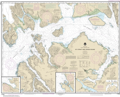 NOAA Chart 17302. Nautical Chart of Icy Strait and Cross Sound - Inian Cove - Elfin Cove. NOAA charts portray water depths, coastlines, dangers, aids to navigation, landmarks, bottom characteristics and other features, as well as regulatory, tide, and oth