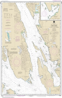 NOAA Chart 17316. Nautical Chart of Lynn Canal - Icy Straight to Point Sherman - Funter Bay - Chatham Strait- Alaska. NOAA charts portray water depths, coastlines, dangers, aids to navigation, landmarks, bottom characteristics and other features, as well