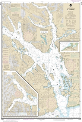 NOAA Chart 17318. Nautical Chart of Glacier Bay - Bartlett Cove - Alaska. NOAA charts portray water depths, coastlines, dangers, aids to navigation, landmarks, bottom characteristics and other features, as well as regulatory, tide, and other information.