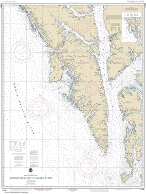 NOAA Chart 17320 Nautical Chart of Coronation Island to Lisianski Strait - Alaska. NOAA charts portray water depths, coastlines, dangers, aids to navigation, landmarks, bottom characteristics and other features, as well as regulatory, tide, and other info