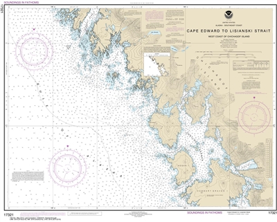 NOAA Chart 17321. Nautical Chart of Cape Edward to Lisianski Strait, Chichagof Island - Alaska. NOAA charts portray water depths, coastlines, dangers, aids to navigation, landmarks, bottom characteristics and other features, as well as regulatory, tide, a