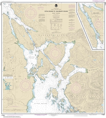 NOAA Chart 17324. Nautical Chart of Sitka Sound to Salisbury Sound, Inside Passage - Neva Str.-Neva Point to Zeal Point - Alaska. NOAA charts portray water depths, coastlines, dangers, aids to navigation, landmarks, bottom characteristics and other featur