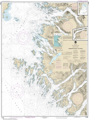 NOAA Chart 17326. Nautical Chart of Crawfish Inlet to Sitka, Baranof I. - Sawmill Cove - Alaska. NOAA charts portray water depths, coastlines, dangers, aids to navigation, landmarks, bottom characteristics and other features, as well as regulatory, tide,
