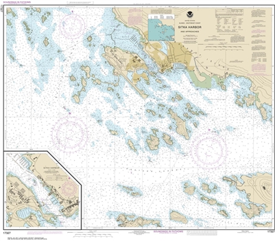 NOAA Chart 17327. Nautical Chart of Sitka Harbor and approaches - Sitka Harbor - Alaska. NOAA charts portray water depths, coastlines, dangers, aids to navigation, landmarks, bottom characteristics and other features, as well as regulatory, tide, and othe